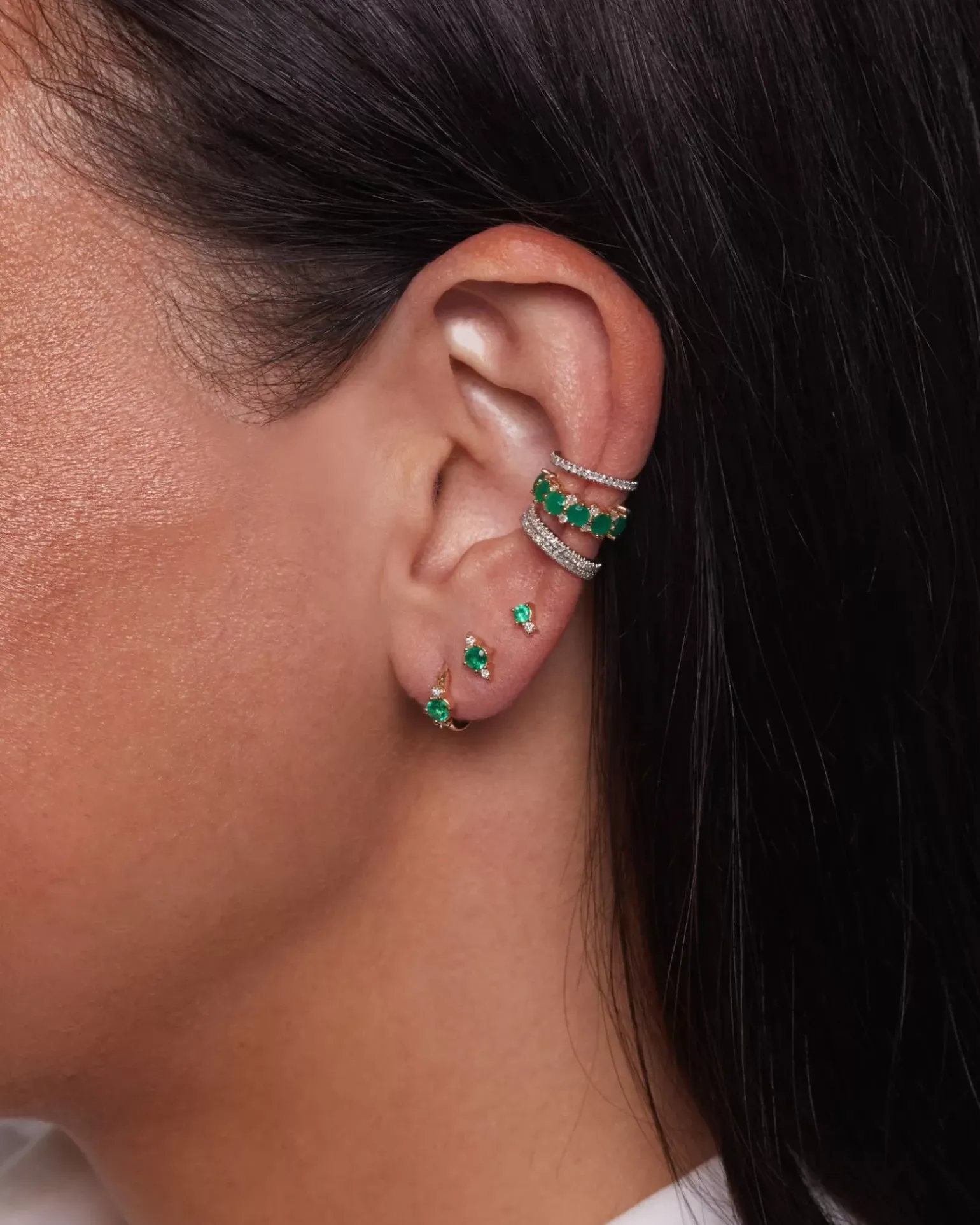 Emerald & Diamond Trio Huggie Hoops